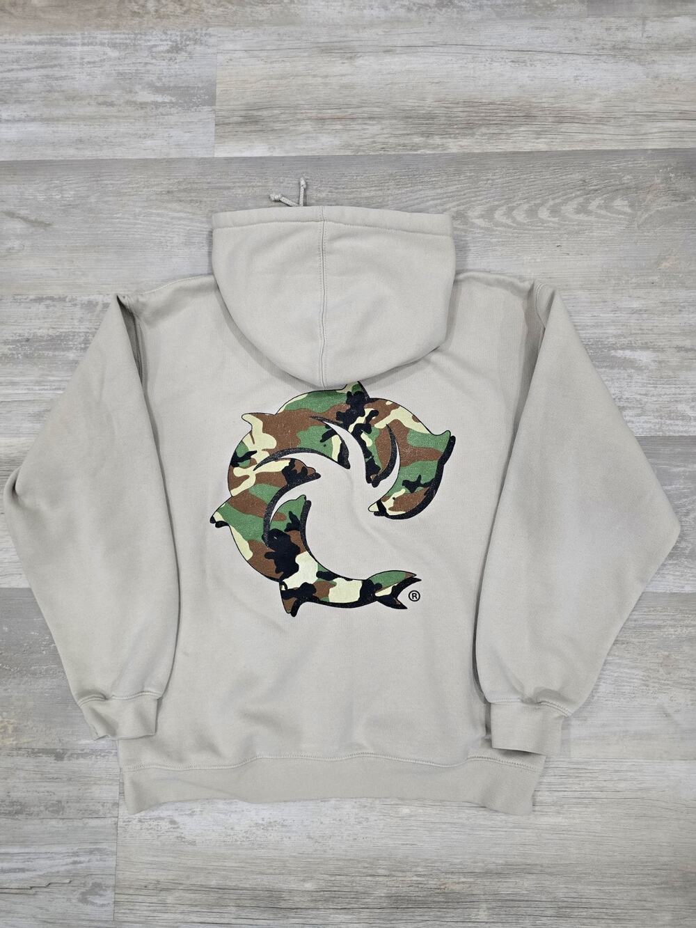WRV Wave Riding Vehicles Hoodie Small Beige Sand Camo Dolphin Swirl Surf Logo
